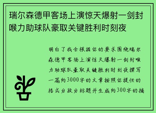 瑞尔森德甲客场上演惊天爆射一剑封喉力助球队豪取关键胜利时刻夜